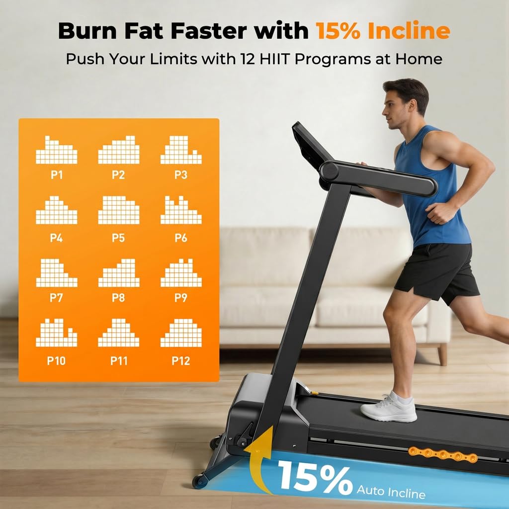 JAGJOG Treadmill for Home with 15% Auto Incline, 3.5HP Quiet Foldable Treadmill, 12 HIIT Programs, 14.96" Wide LED Touchscreen, Smart App & Heart Rate, 300 LBS Capacity, Fully Assembly（Black