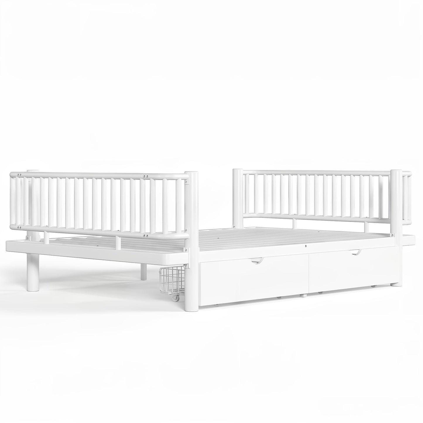 Bellemave Metal Kids Full Size Bed Frame with Storage Drawers and Detachable Fence,Full Size Montessori Bed with Slats and Fence,Metal Platform Bed,Low Profile Design,White