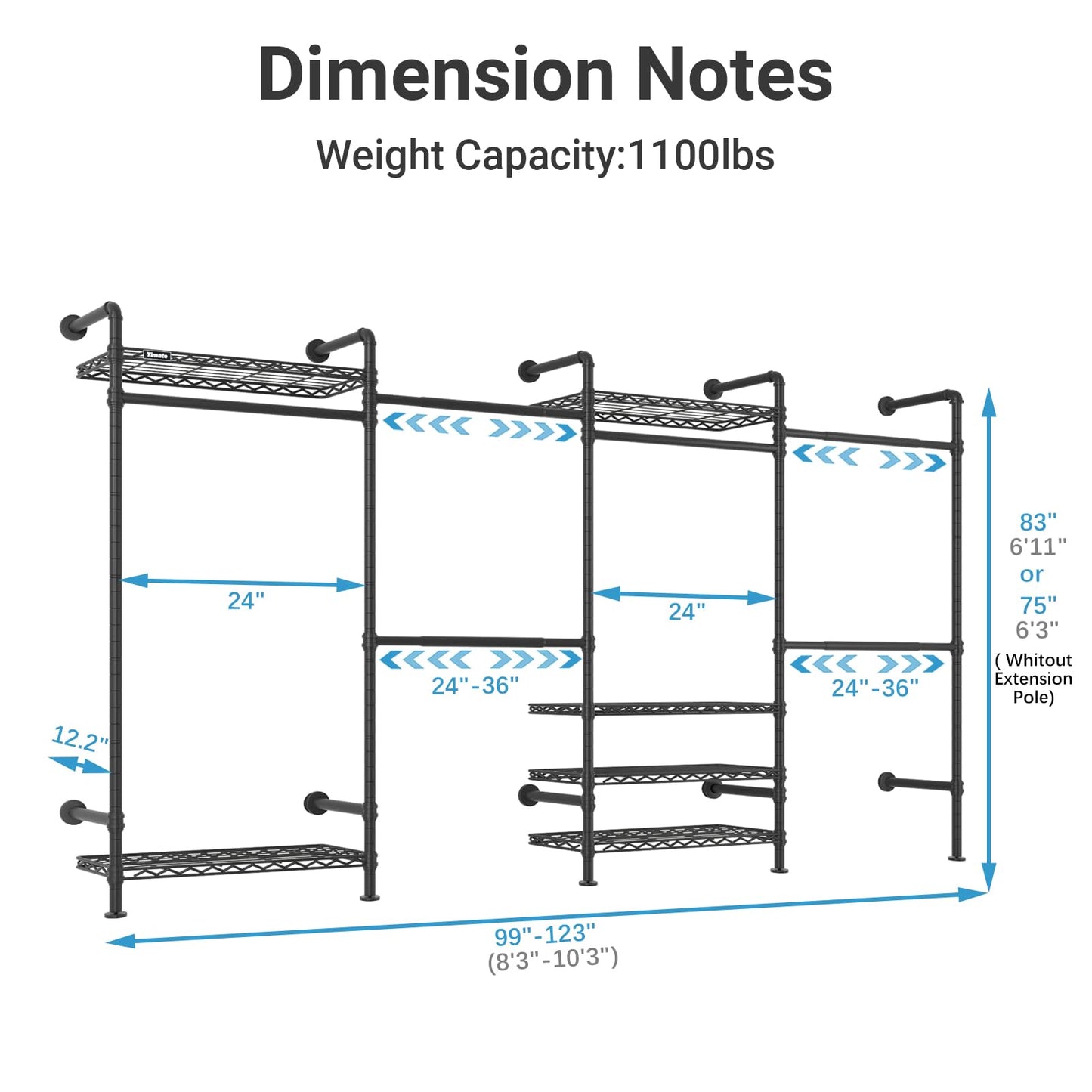 Timate F4 Wall Mounted Clothes Rack Industrial Pipe Clothing Rack for Hanging Clothes, Expandable Garment Rack Heavy Duty Wardrobe Closet Organizer and Storage, Black Adjustable Industrial Closet Kit