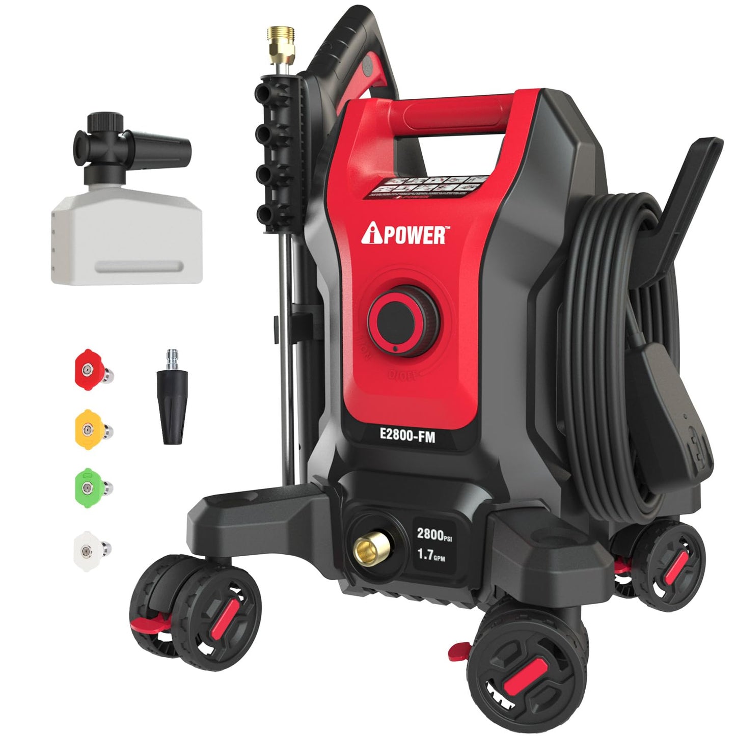 A-iPower Follow Me Electric Pressure Washer 2800 Max PSI 1.7 GPM Anti-Tipping Design with 5 Nozzles, Soap Dispense for Fences, Driveways, Patios, Cars, Home Cleaning, E2800-FM, Red