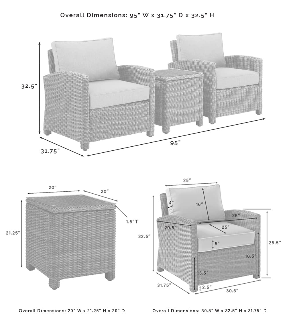 Crosley Furniture Bradenton 3-Piece Outdoor Chair and Side Table Set, Wicker Patio Conversation Sets, Brown with Sand Cushions