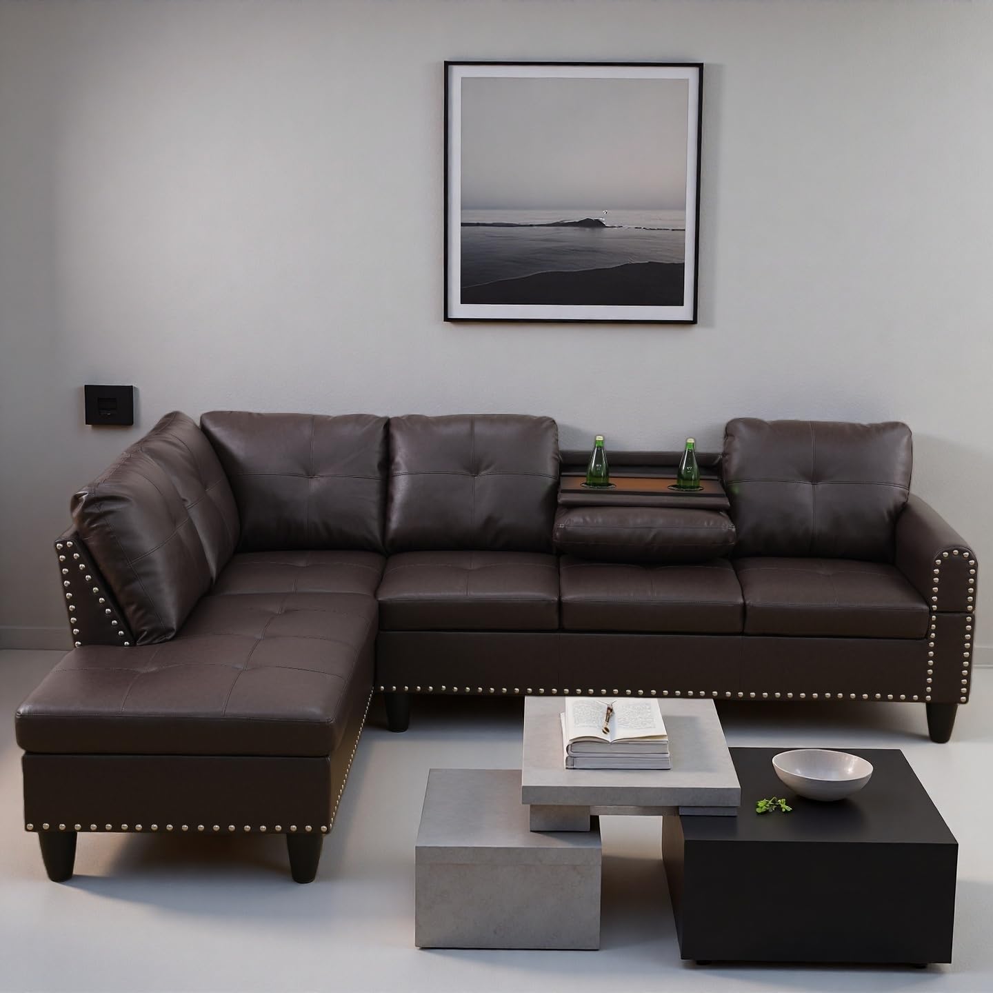 Trygoal L Shape Sectional Couch with Chaise, 97.5 Inch Modular Sofa with Cup Holders, Sectional Couches for Living Room, Ergonomic Reclined Backrest, for Office and Small Apartment, Brown