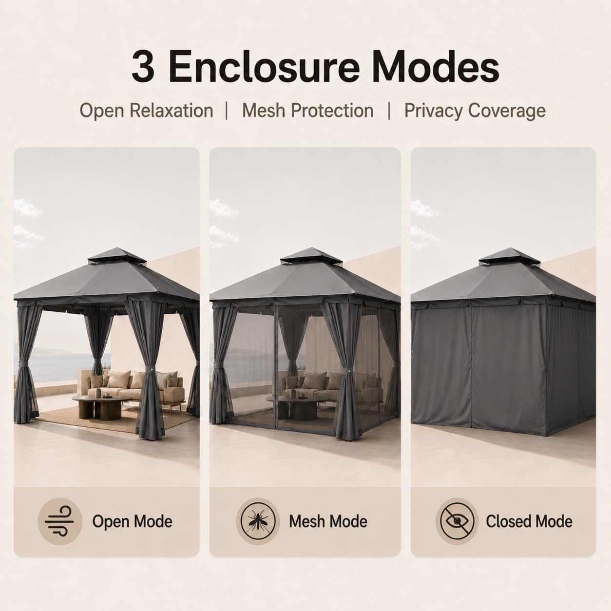 Kingdura 10'x13' Outdoor Gazebo, Heavy Duty Metal Patio Canopy Tent Shelter with Double Roof, Mosquito Netting & Privacy Curtains for Backyard, Garden, Deck, Lawn, Grey