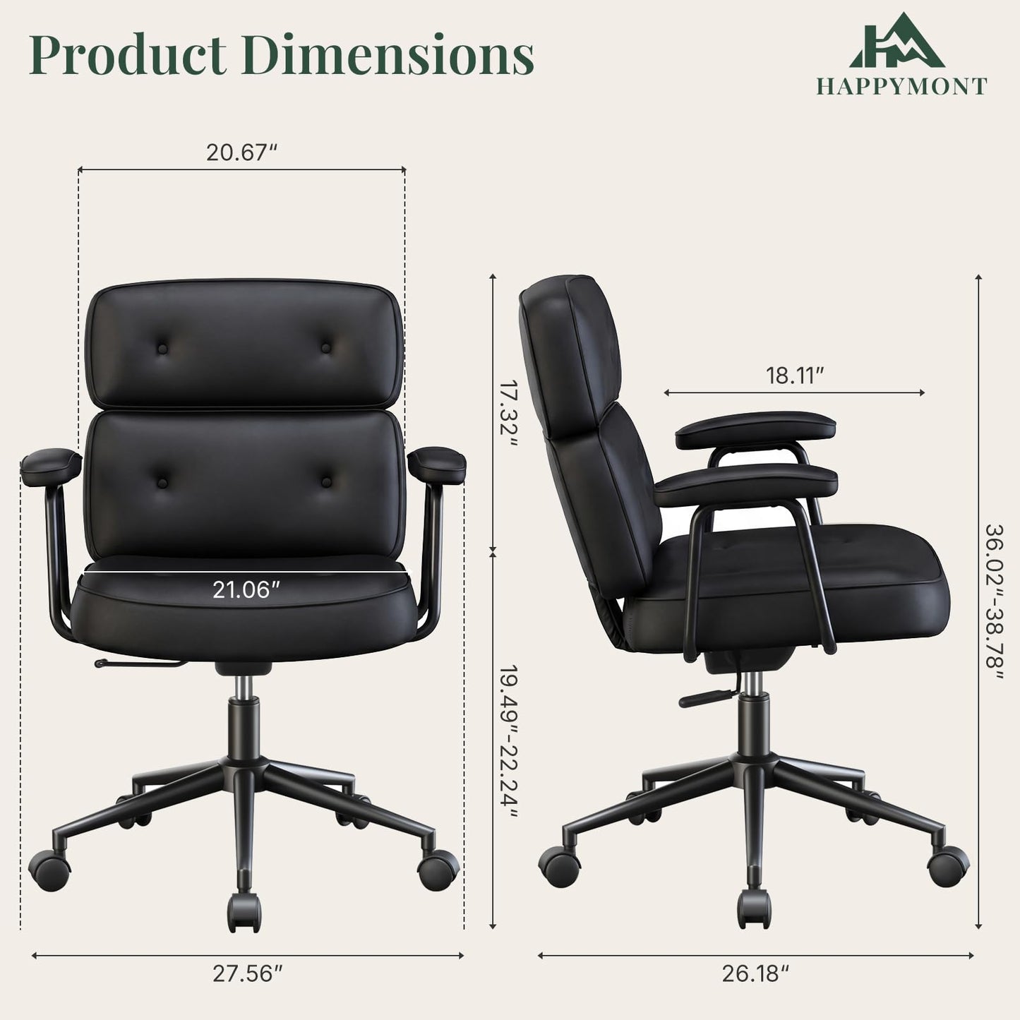 HAPPYMONT Ergonomic High Back Leather Office Chair, Executive Computer Desk Chair with Lumbar Support & Padded Arms, Adjustable Height 360° Rolling Swivel Task Chair for Home Office, Black
