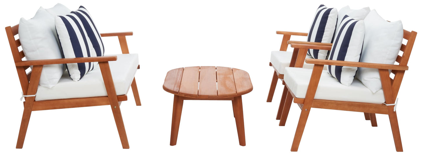 SAFAVIEH Outdoor - Deacon 4-Piece Conversation Set - Brown & Beige - Solid Wood - Coastal Slatted Design with Cushions - Ideal for Patio, Deck, Porch, Backyard (PAT7050F)