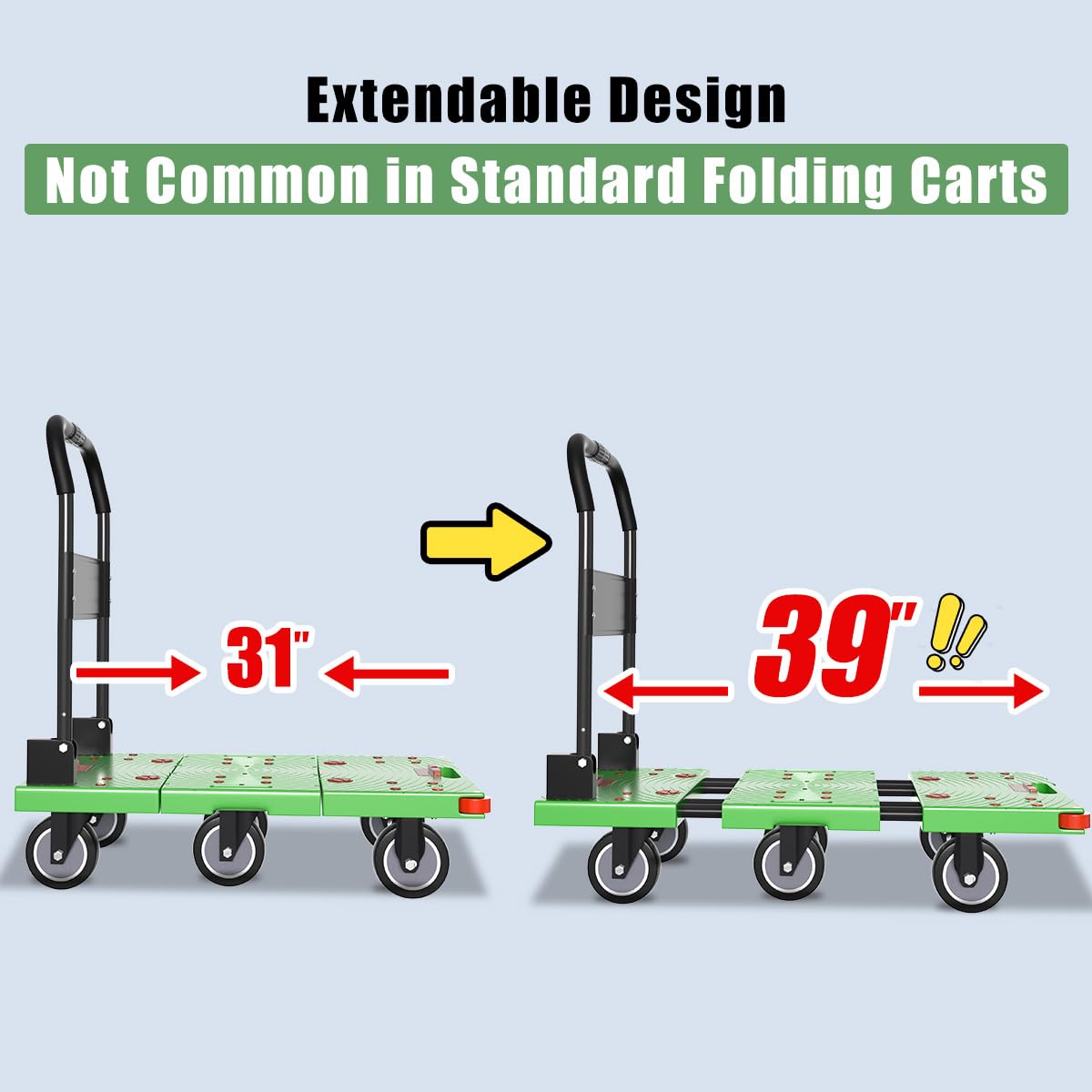 WUD 1323 lbs Heavy Duty Folding Platform Cart with Extendable Deck (31''–39''), 6-Wheel Support, 4'' Quiet Casters, Thick Reinforced Flatbed Dolly for Warehouse, Garage & Moving