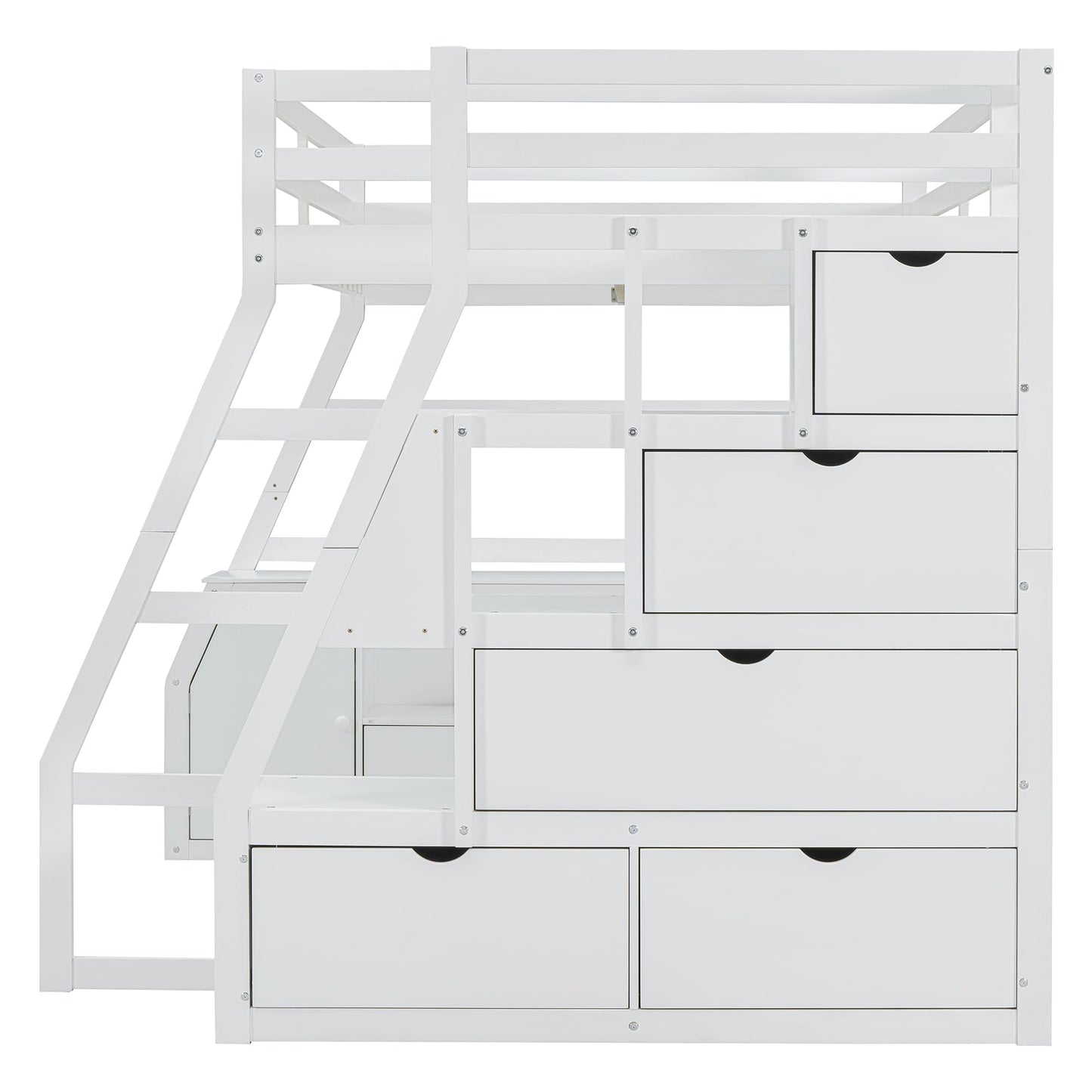 Su & Chan Legence Full Size Bed with Pinewood Frame and Desk, Loft Bed with 7 Drawers and 2 Shelves, Natural Wood Grain Look, White