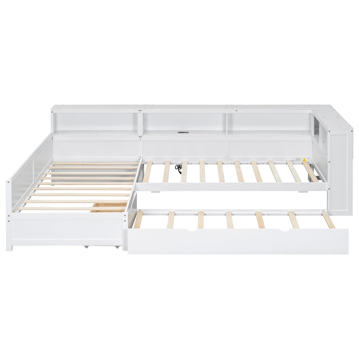 Merax L-Shaped Twin Bed for 2 with Trundle for 3, Wood Corner Platform Bed Frame with 1 Drawer & 5 Storage Shelves & Charging Station for Bedroom Guest Room, No Spring Box Needed (White)
