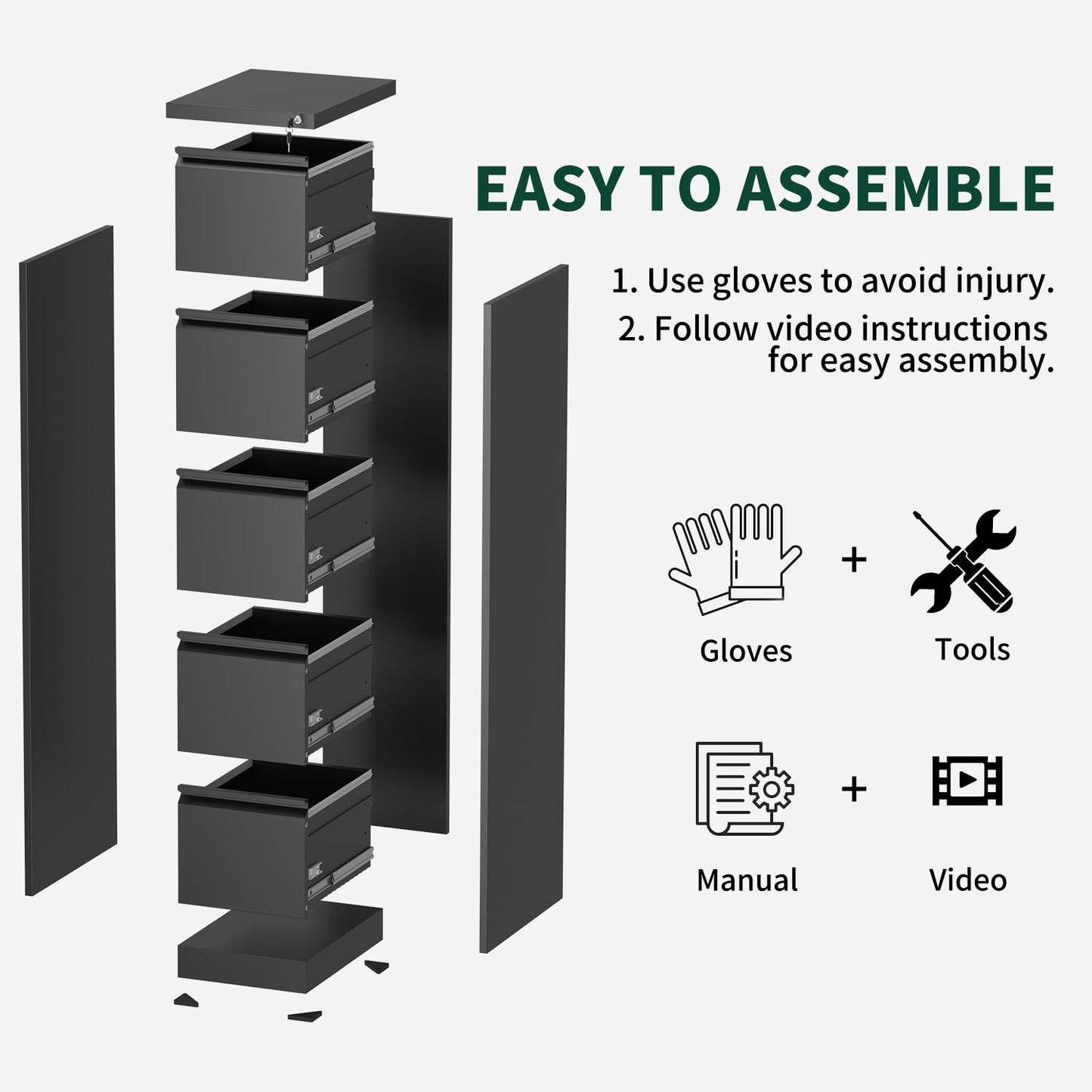 3 Drawer File Cabinet with Lock, Metal Vertical File Cabinets for Home Office, Office Furniture for Organization Hanging Legal/Letter/A4, Office File Cabinet Storage Cabinet, Require Assembly, Black