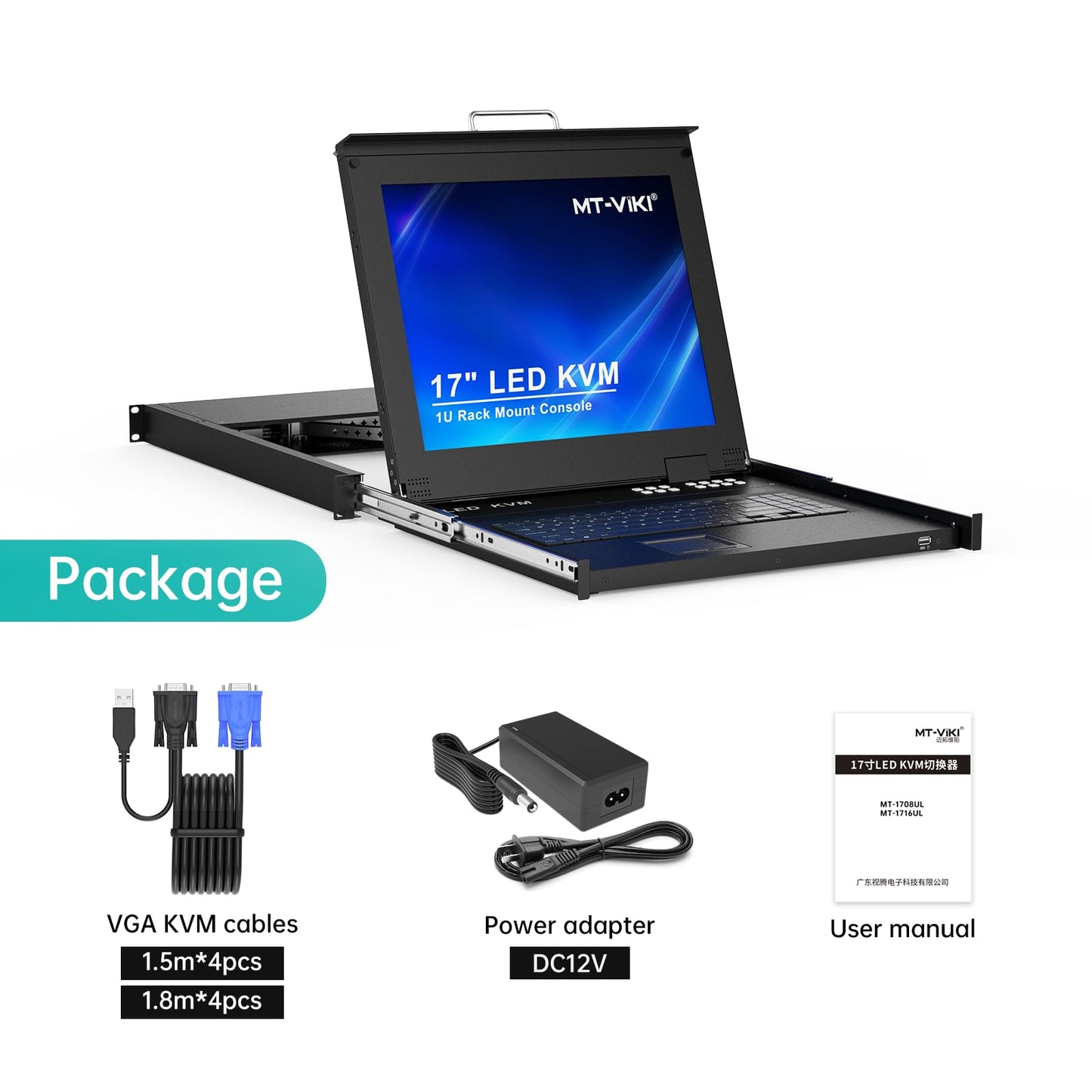 MT-Viki 17'' Rack Mount KVM Switch VGA 8 Port, Rackmount Monitor KVM Fit 1U 19'' Rack, 600-800mm(23.6~31.8'') Depth, Integrated with Keyboard+Touch pad+Drawer+8 KVM Cables