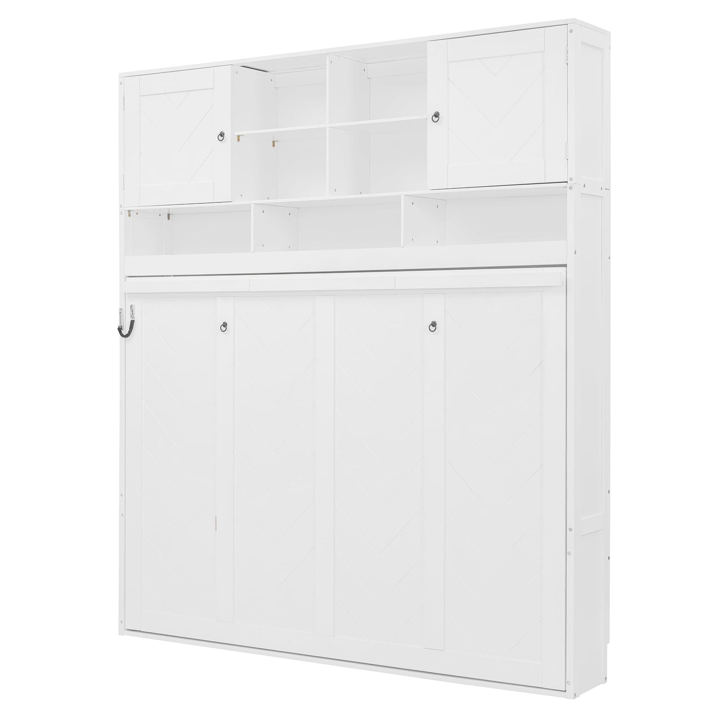 Merax Queen Size Murphy Bed Wall Bed with Top Storage Cabinets and Shelves, Fold into The Wall, Space-Saving Design, White Foldable Platform Bed Frame with Chevron Stripes, for Bedroom, Guest Room