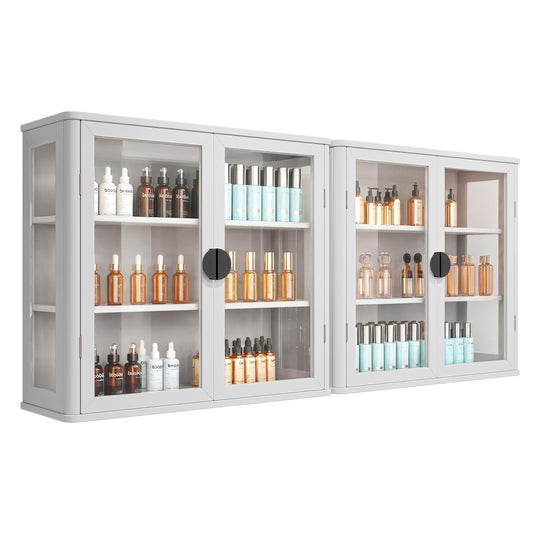 FIMELLO 56’’W Wall Cabinet with Tempered Glass Doors, Bathroom Cabinet Wall Mount, Kitchen Wall Cabinet, Floating Cabinet for Bathroom, Wall Mount Salon Station for Barber, Beauty, White
