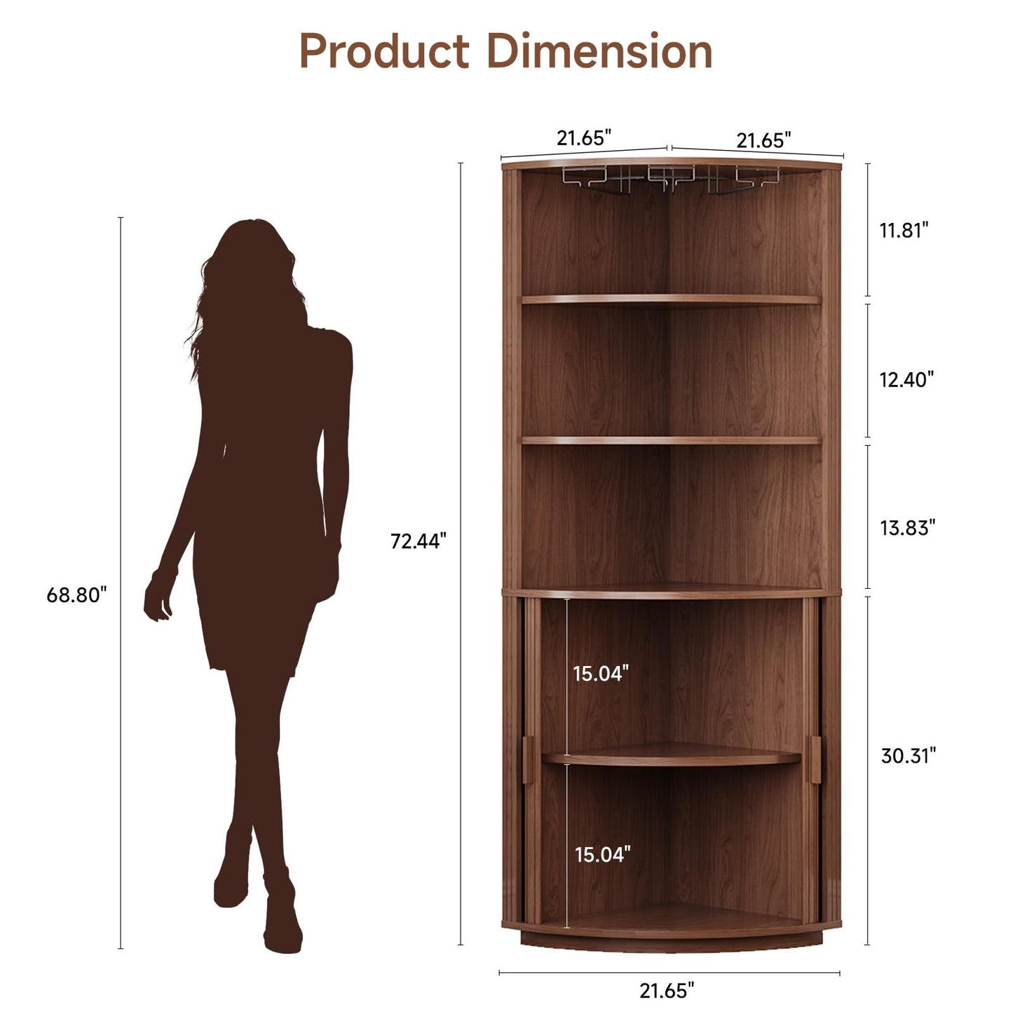 72" Tall Corner Bar Cabinet, Fluted Wine Cabinet with LED Lights, Mid-Century Modern Wine Bar with Sliding Door & Glass Holder, Coffee Bars Station for Living Room, Walnut