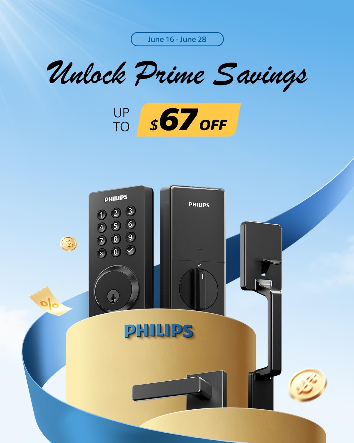 Philips Wi-Fi Smart Door Lock with Handle Set, Keypad Deadbolt for Front Door, Fingerprint Keyless Entry Door Lock with App Remote Control, IP53 Waterproof, Auto Lock, Security Easy Installation