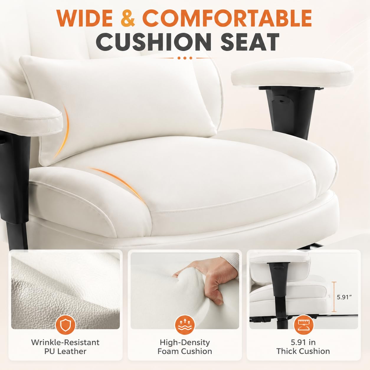 Big and Tall Ergonomic Office Chair with Footrest, Executive High Back PU Leather Desk Chair, Reclining Computer Chair with Adjustable Lumbar Support and Armrests, Swivel Rolling Gaming Chair, Beige