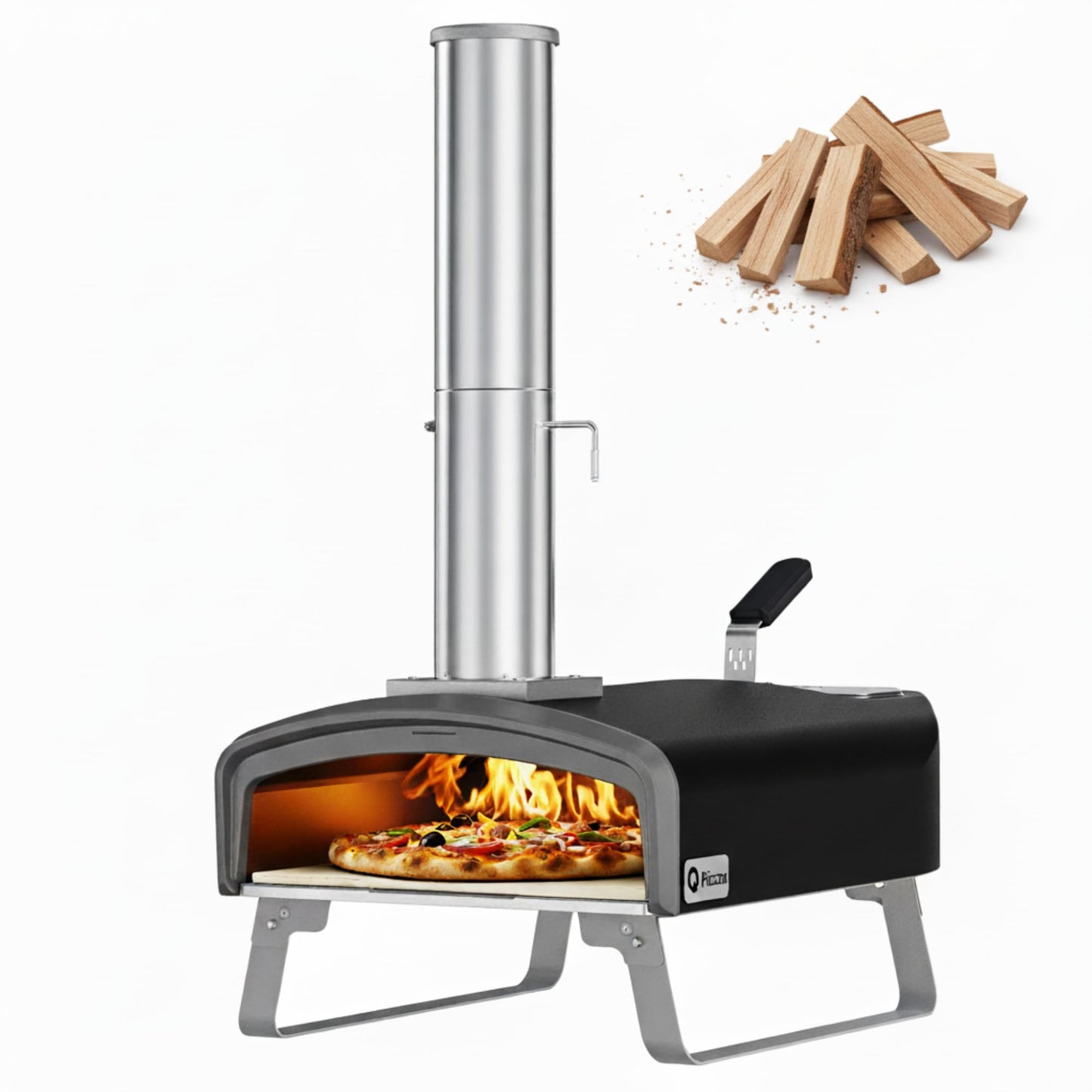 Q Pizza Portable Wood Fire Pizza Oven with Folding Legs, Outdoor Pizza Stove with Chimney for Outdoor Kitchen, Camping, RV, Tailgating, Beach, Backyard Pizza Maker, PS107