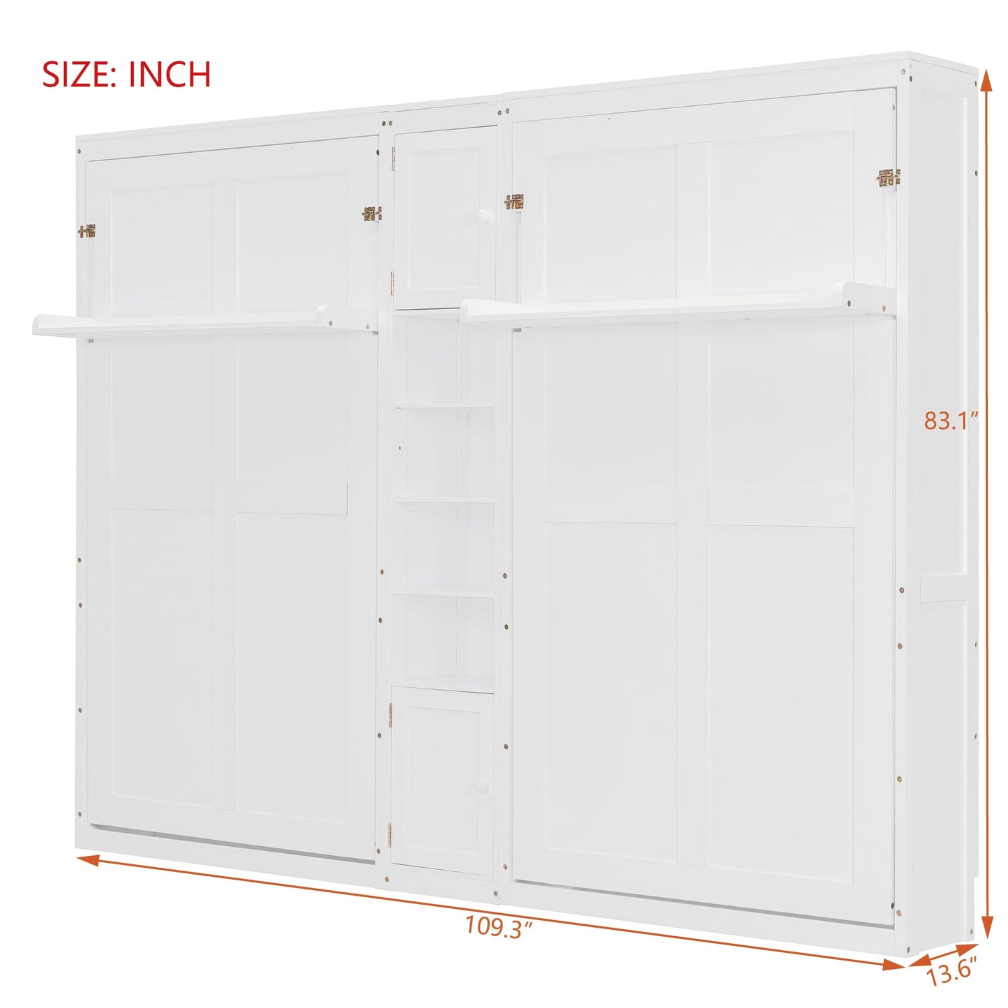 Merax Dual Twin Murphy Bed with Cabinets and Shelves, Space Saving Wall Bed with Storage, Foldable Twin Beds with Convertible Shelf Legs for Guest Room, Small Space, White