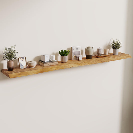 Axeman 72 inch Extra Long Floating Shelves for Wall - 8'' D Live Edge Rustic Solid Elm Wood Floating Shelves Wall Mounted, Wall Shelves with Invisible Bracket for Living Room Bedroom Kitchen, Natural