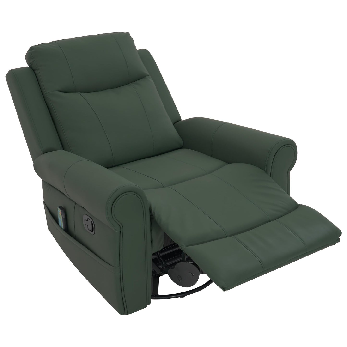 Merax 270°Swivel Rocker Recliner Chair, PU Leather Manual Recliner with Massage and Heating, Dual Reclining Positions and Side Pocket and for Living Room, Bedroom, or Nursery, Green