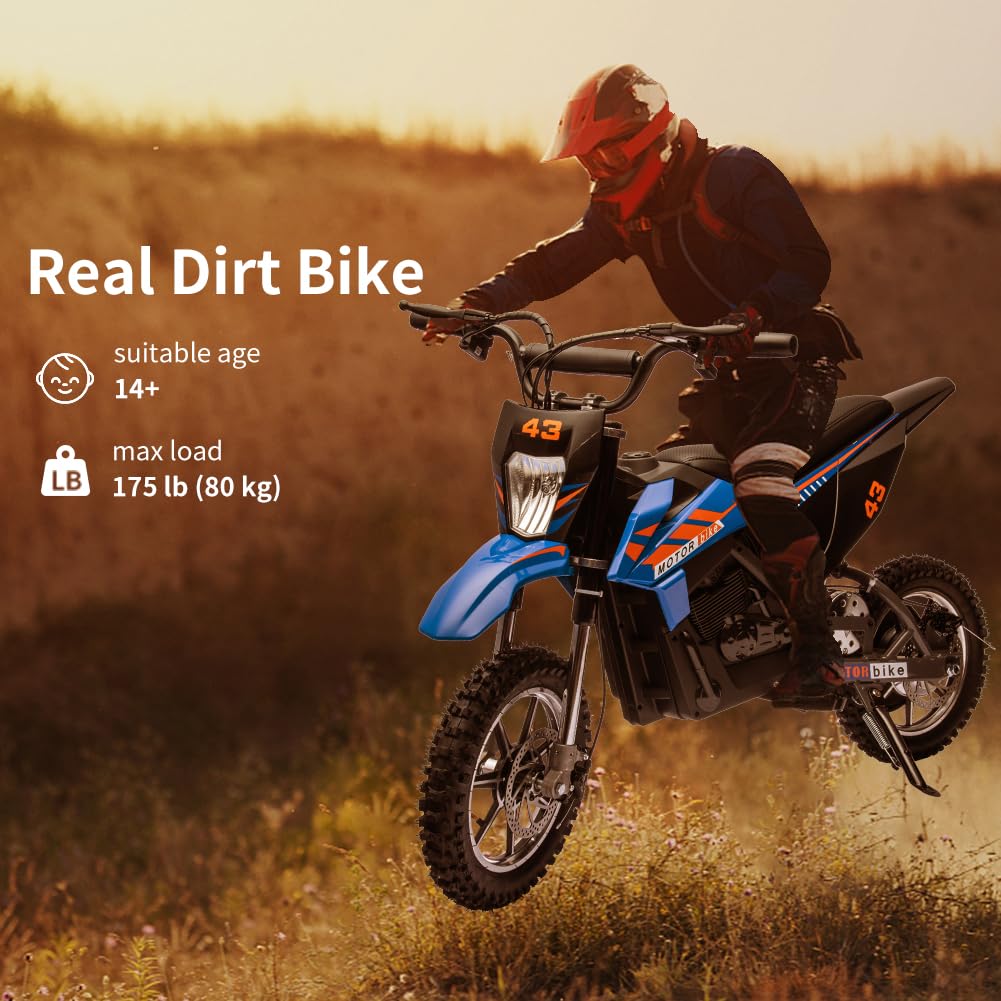 36V Ride on Dirt Bike for Kids,Fast Speed Electric Battery-Powered Off-Road Motorcycle 500W Motor,15.5MPH,Max Load 175 lbs,LED Light,Leather Seat,Disc Brake,Air-Filled Tires,Blue