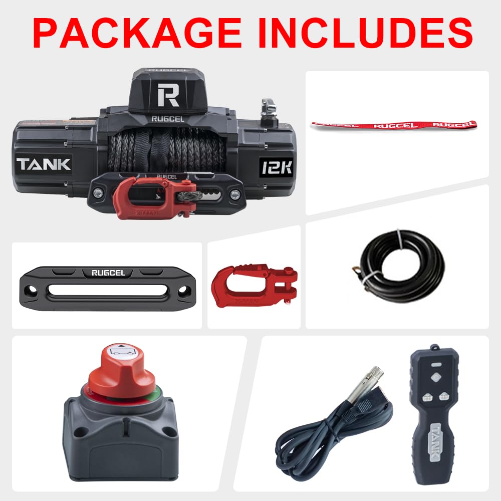 RUGCEL WINCH 12000lb New Waterproof Electric Synthetic Rope Winch 12V with Hawse Fairlead,2 IN 1 Infrared remote control,Wired control,Black Rope,for Truck SUV