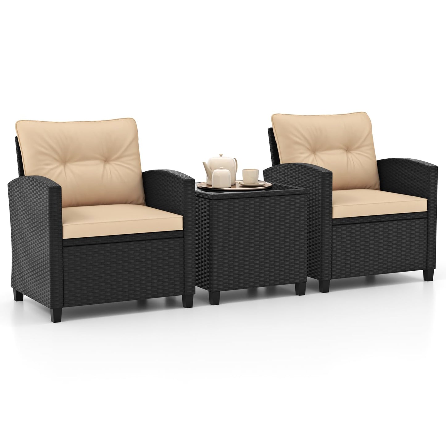 HAPPYGRILL 3 Pieces Wicker Patio Conversation Set, PE Rattan Bistro Sofa Set with Tempered Glass Coffee Table, Washable Cushions, Outdoor Furniture Set for Garden Poolside Balcony (Beige)