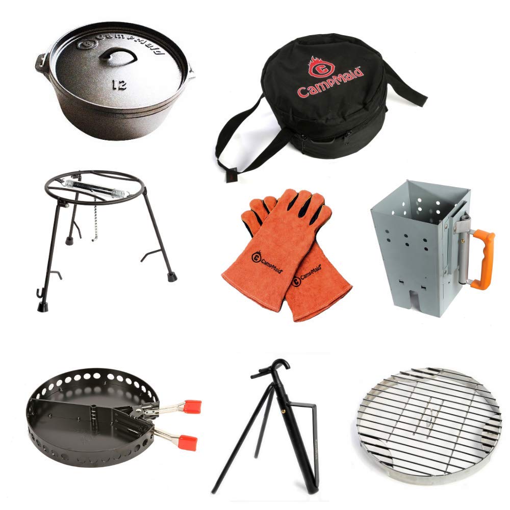 CampMaid Outdoor Cooking Set - Dutch Oven and Tools Set - Charcoal Holder & Cast Iron Grill Accessories - Camping Grill Set - Outdoor Cooking Essentials - Camp Kitchen Equipment - (8 Piece Set)