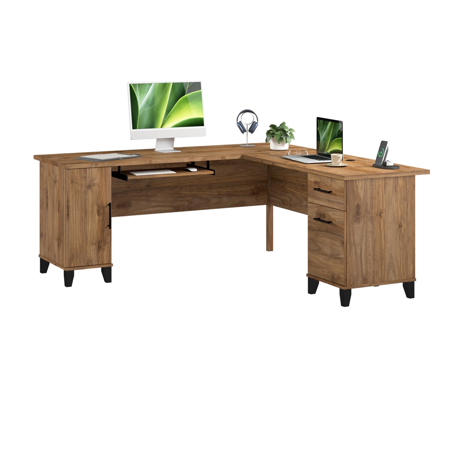 Bush Home 72-Inch L-Shaped Desk with Storage, Corner Computer Office Desk with File and Box Drawers, Home Office Workstation with Storage Cabinet, Somerset Collection, Fresh Walnut