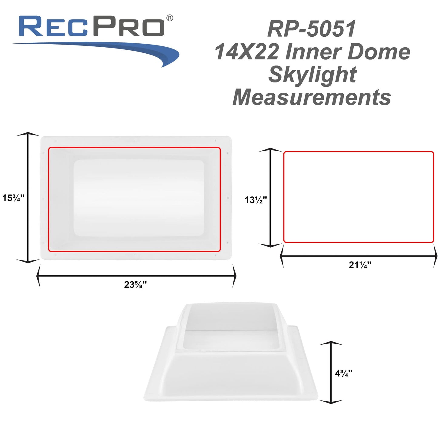 RecPro RV Skylight Inner Dome, Clear Window, 14in x 22in, Model RP-5051, White