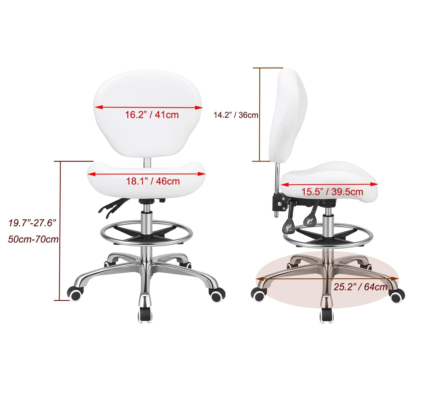 Kaleurrier Adjustable Height Drafting Stool Drafting Chair with Backrest & Foot Rest,Swivel Rolling Stools for Work Studio Dental Office Salon Kitchen Counter Tall Home Desk Chairs (White)