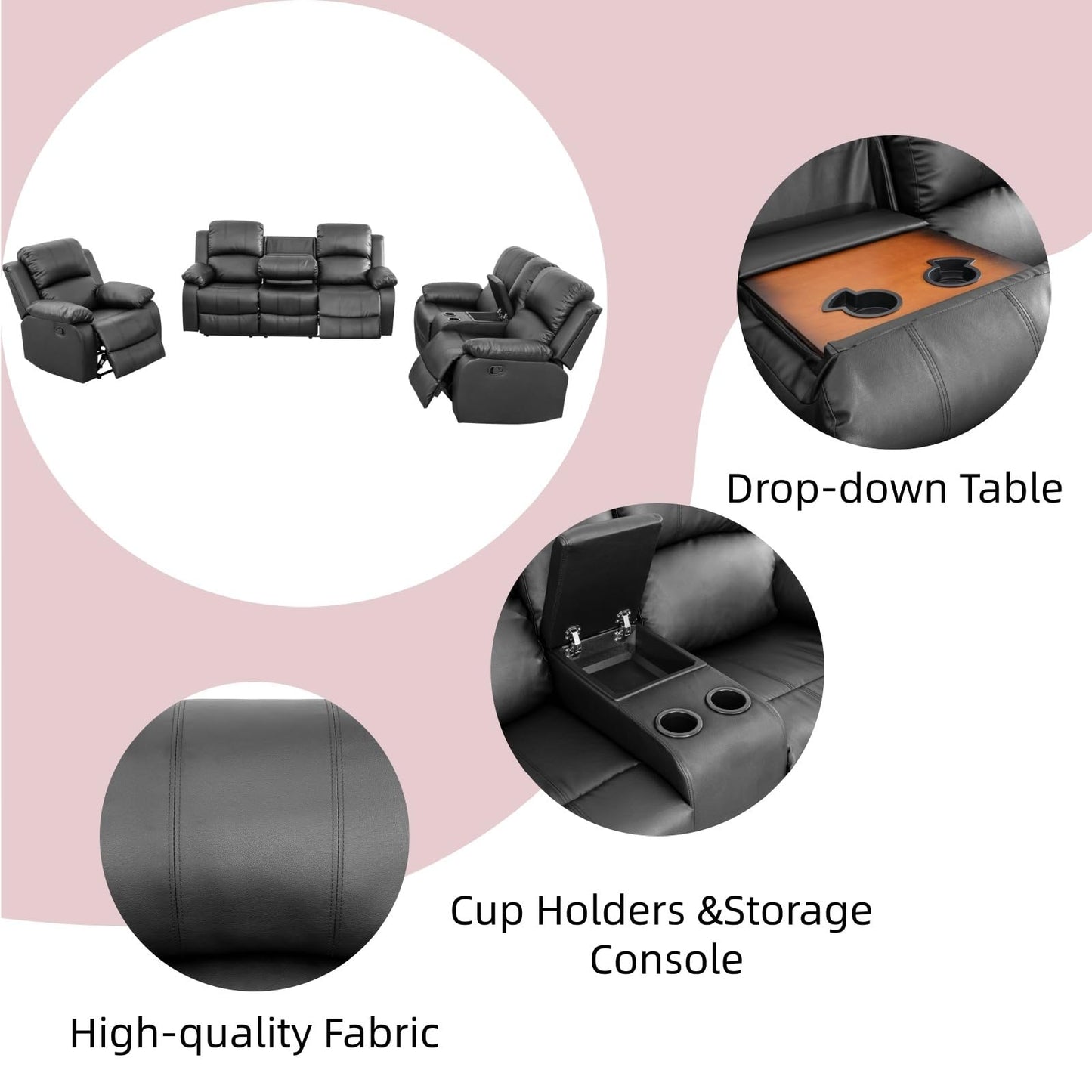 Trygoal Modern Recliner Sofa Set of 3, Semi PU And PVC Living Room Set with 120° Deep Recline & Sleeping Position, Cozy Motion Couch with Loveseat Storage & Cup Holders, Retro Vintage Furniture, Black