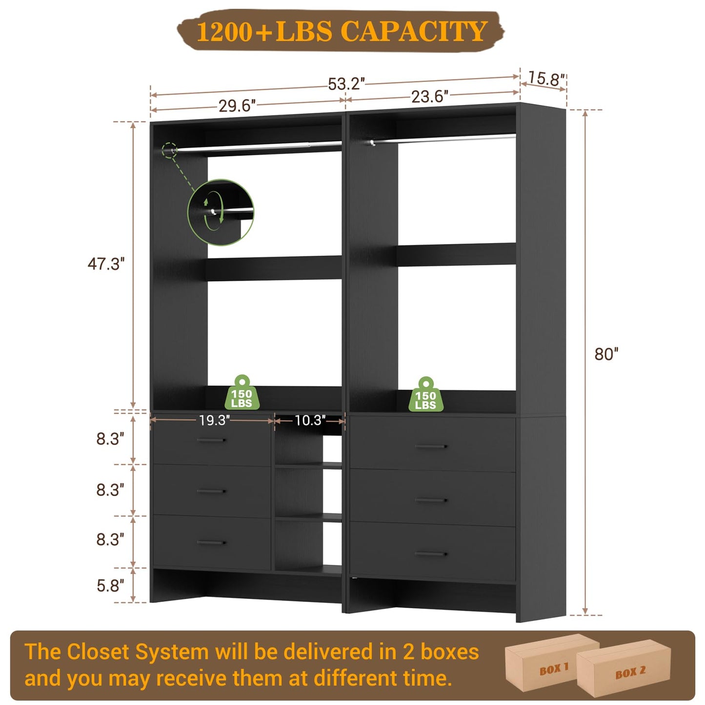 Aheaplus Closet System with 6 Drawers, 4.5ft Wood Closet Organizer System, Walk-in Closet or Small Closets Wardrobe, Clothes Rack with Hanging Rods, Set of 2 Black