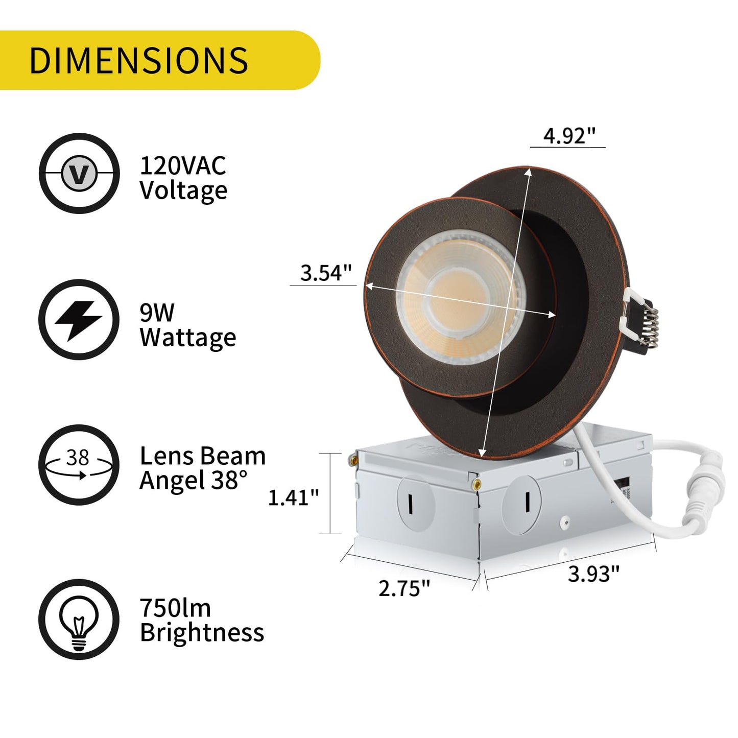 KnLnny Ware Adjustable Eyeball Recessed Light 4 Inch, 9W 750LM, Dimmable, Airtight, Bronze, Model KL2025005Bronze,