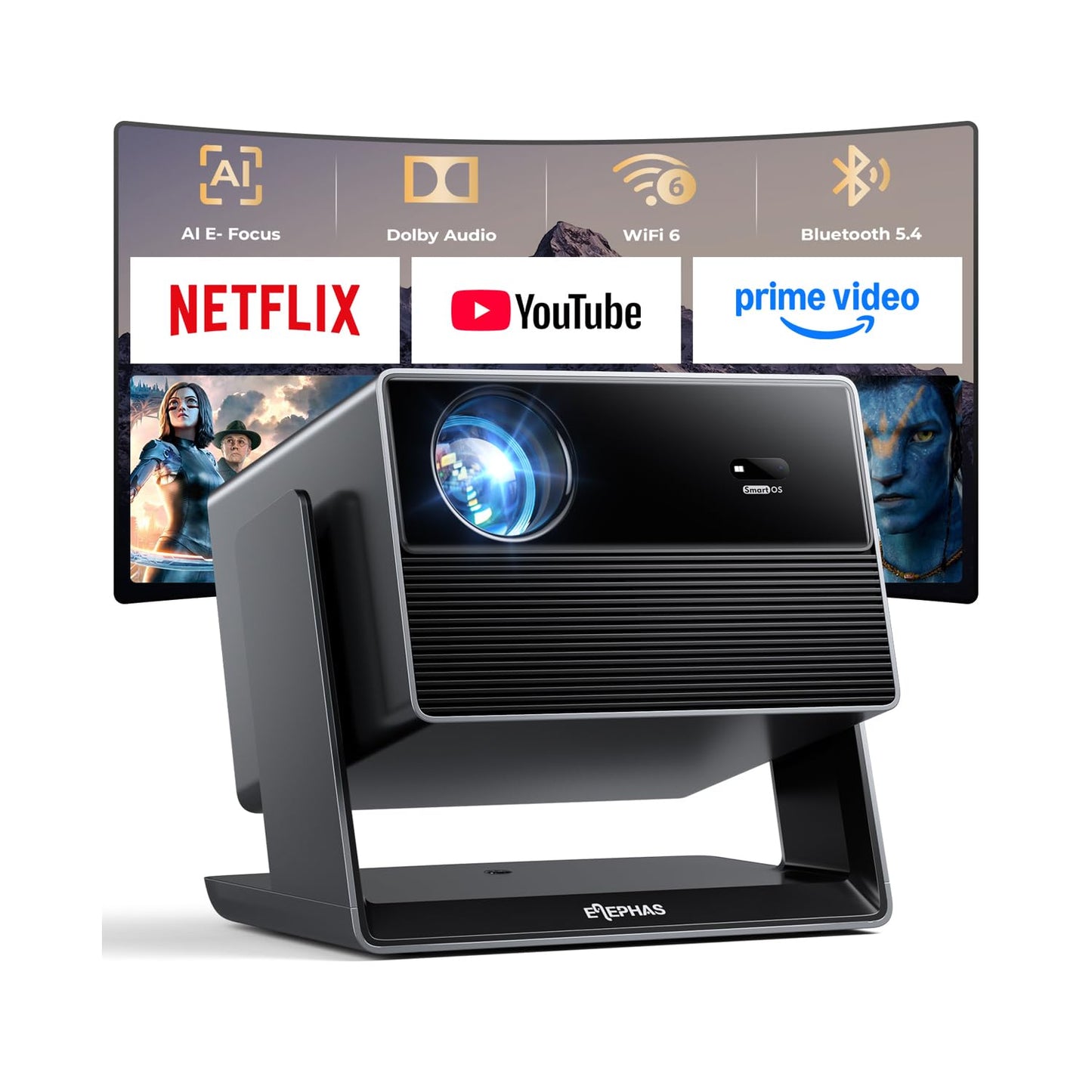 ELEPHAS Smart 4K Projector with WiFi and Bluetooth - Compatible with Prime Video/YouTube, 270° Rotatable, AI Auto Focus & Keystone, Portable Home Theater Movie Projector for Indoor Outdoor