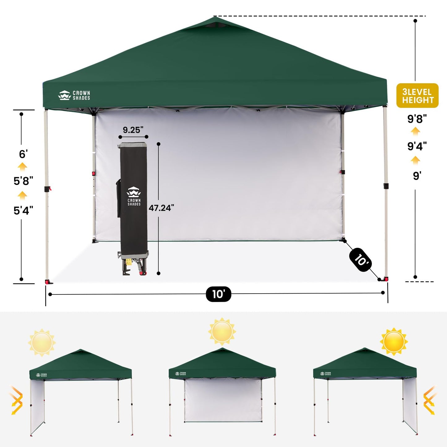 CROWN SHADES 10x10 Pop Up Canopy with 1 Side Wall - Beach Tent with One Push Setup - Outdoor Sun Shade for Events, Parties, Camping - Gazebo with STO-N-Go Cover Bag (Forest Green)
