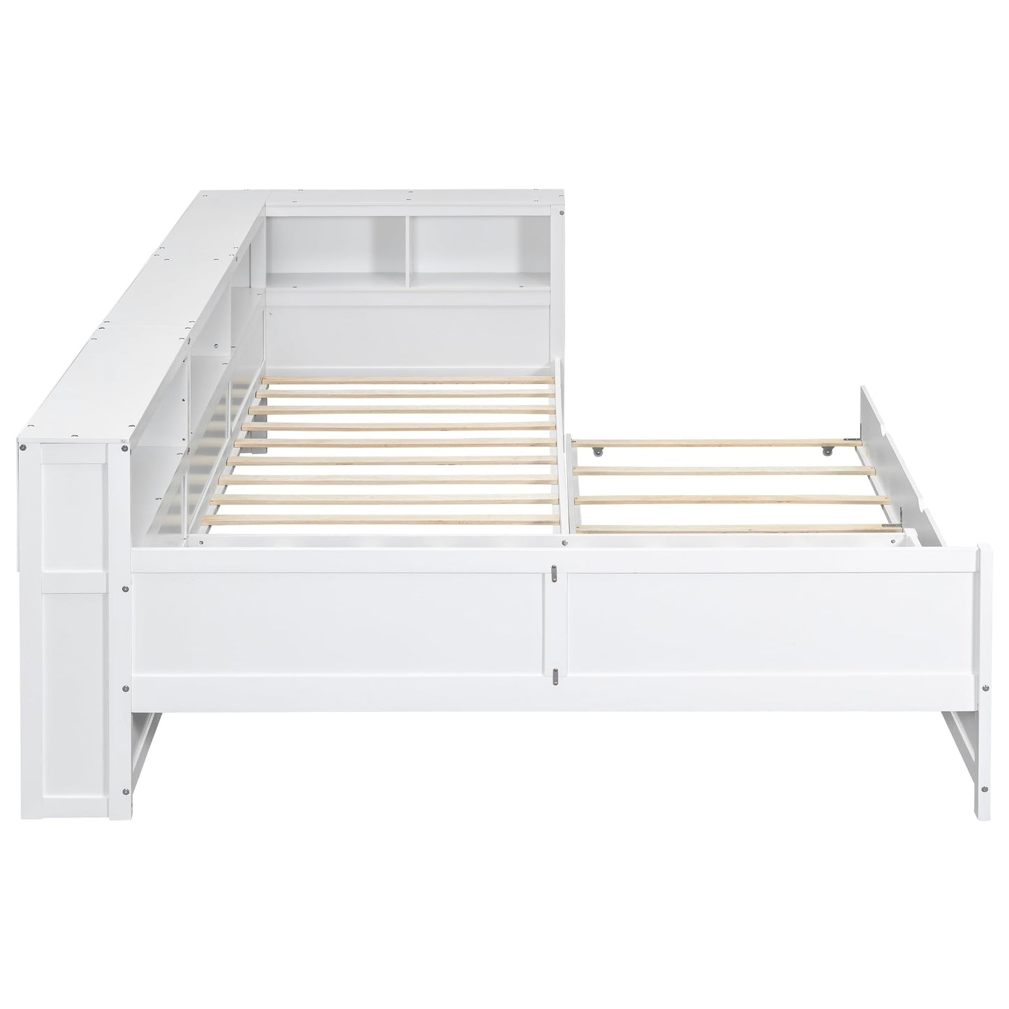 Merax L-Shaped Twin Bed for 2 with Trundle for 3, Wood Corner Platform Bed Frame with 1 Drawer & 5 Storage Shelves & Charging Station for Bedroom Guest Room, No Spring Box Needed (White)