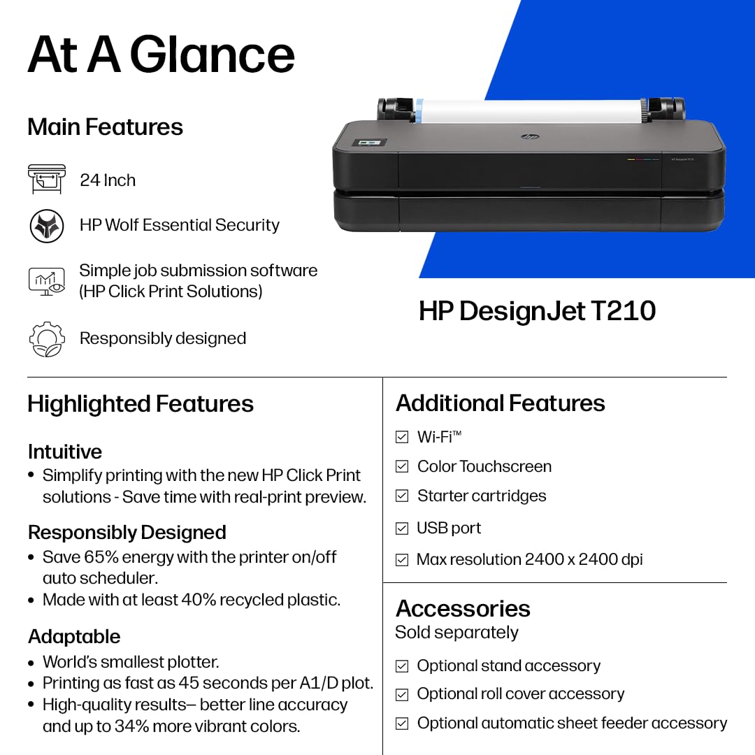 HP DesignJet T210 Large Format 24-inch Plotter Printer, for Easy CAD & Poster Prints (8AG32D)
