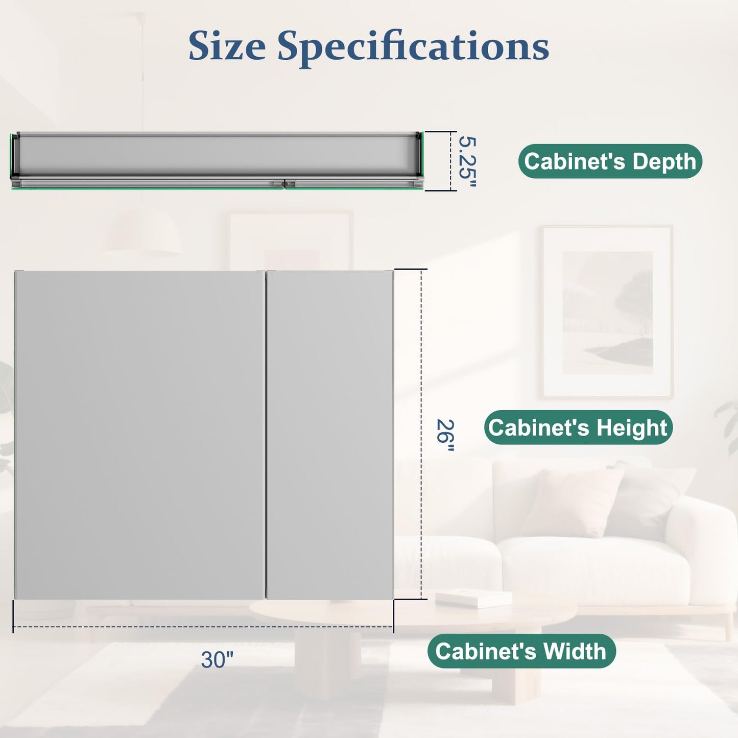 VETROVUE Bathroom Medicine Cabinet with Mirror, 30 Inch x 26 Inch Bathroom Mirror Cabinet with Double Door & Adjustable Shelves, Surface Mount or Recess Installation