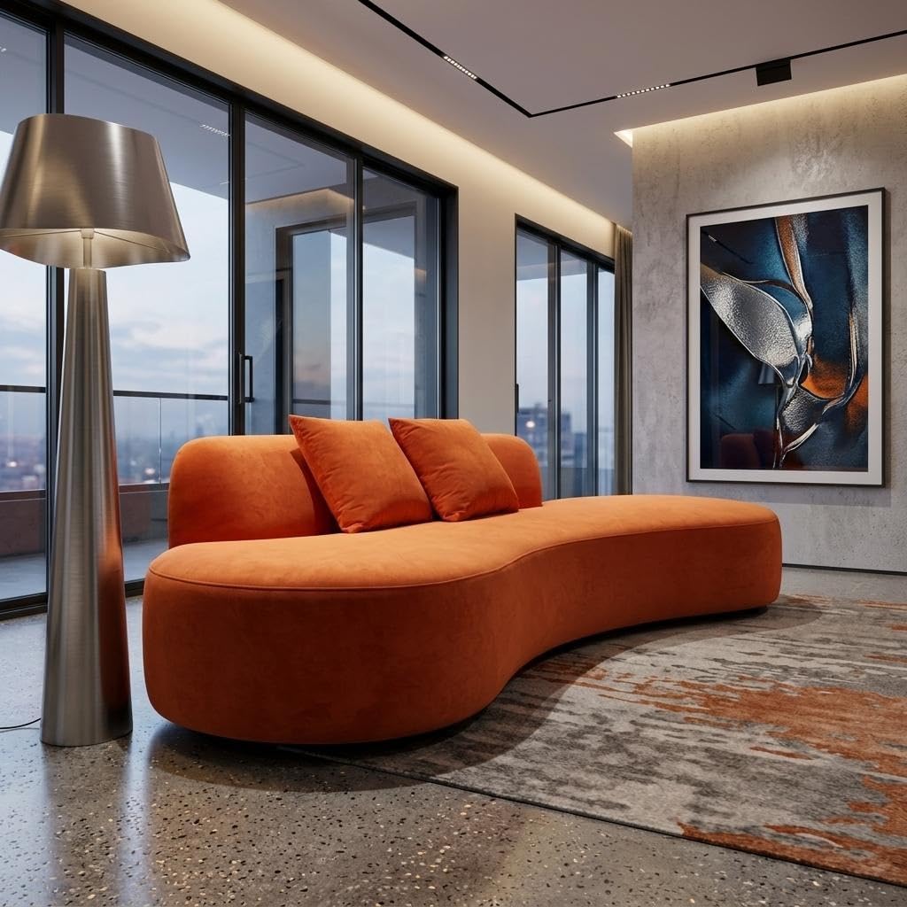 Container Furniture Direct 90" Curved Sofa with Throw Pillows, 4 Seater Luxury Velvet Couch with Half Moon Design and High-Density Foam, for Modern Living Room, Office & Apartment, Orange