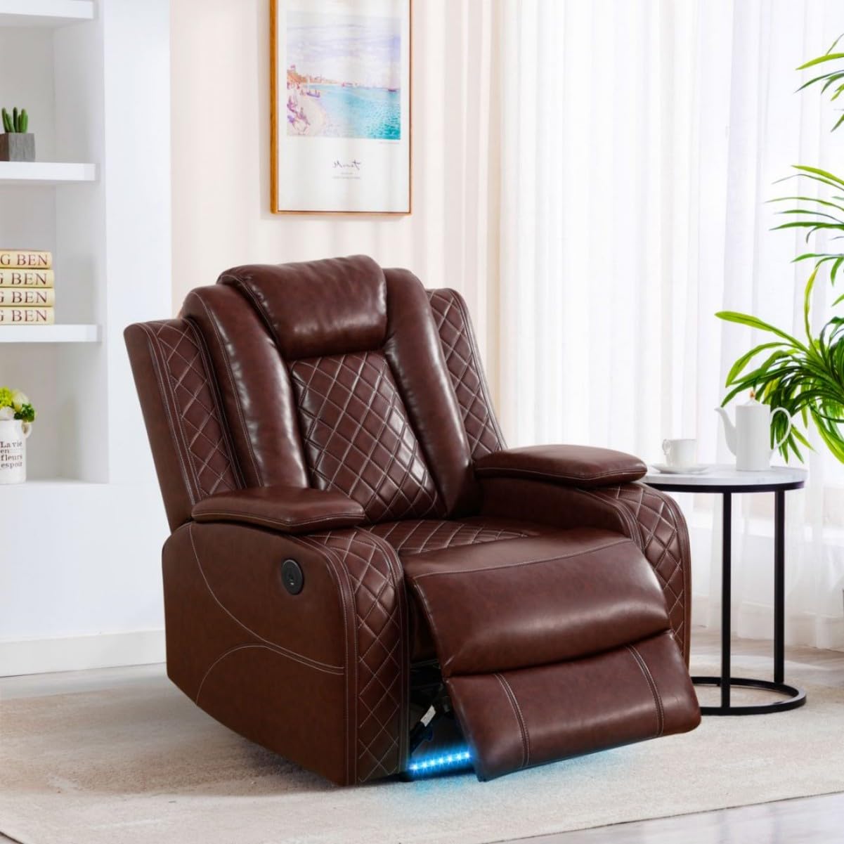 UOCFYK Electric Power Recliner Chair Living Room Furniture, Comfy Wide Lazy Home Theater Breathing Leather Seating with USB 2.0 Charging Ports, LED Light Strips (Red)