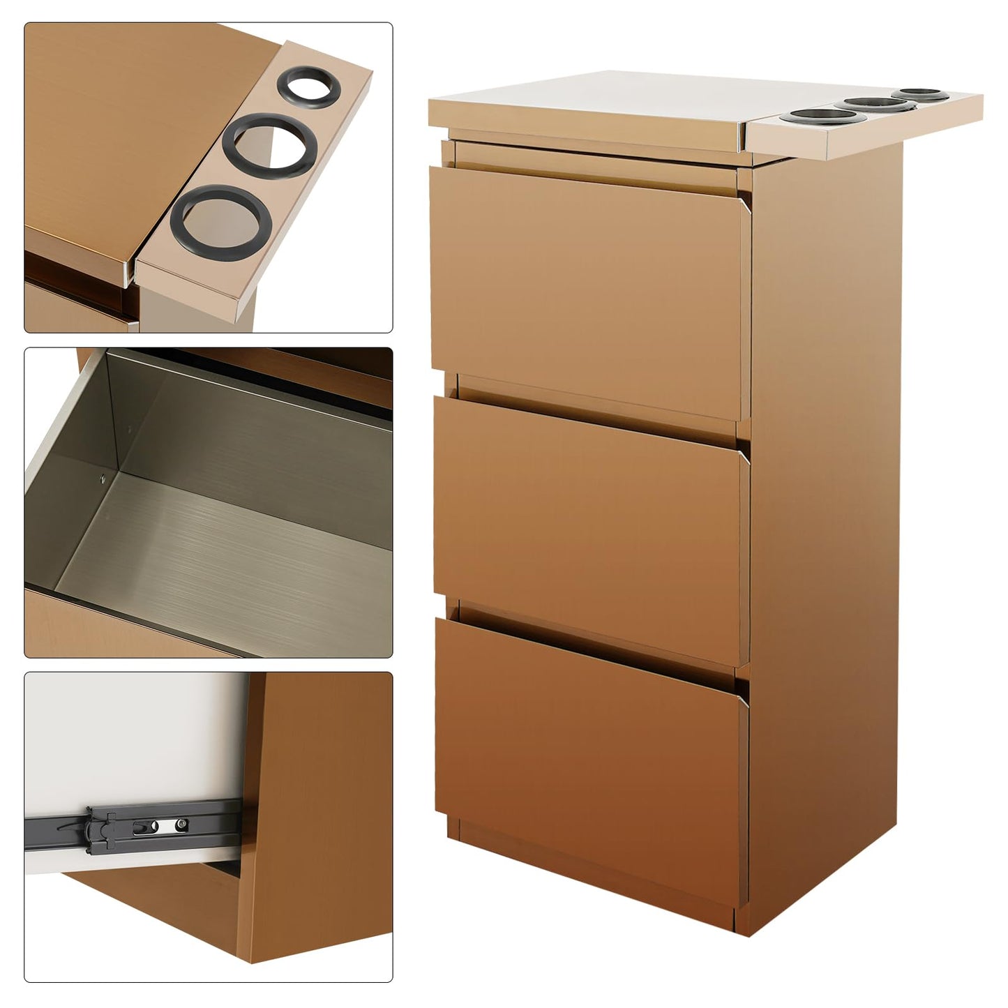 Salon Station for Hair Stylist, 3-Drawer Stainless Steel Salon Storage Cabinet Barber Organizer with 3 Hair Dryer Holders, Smooth & Silent Sliding (Rose Gold)
