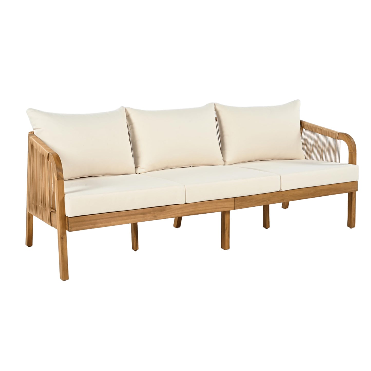 Christopher Knight Home Havets 3 Pieces Acacia Wood Patio Furniture Set, Faux Rattan Sofa and Coffee Table, Outdoor Conversation Sets with 6" Thick Cushions for Backyard Garden Balcony, Teak+Beige