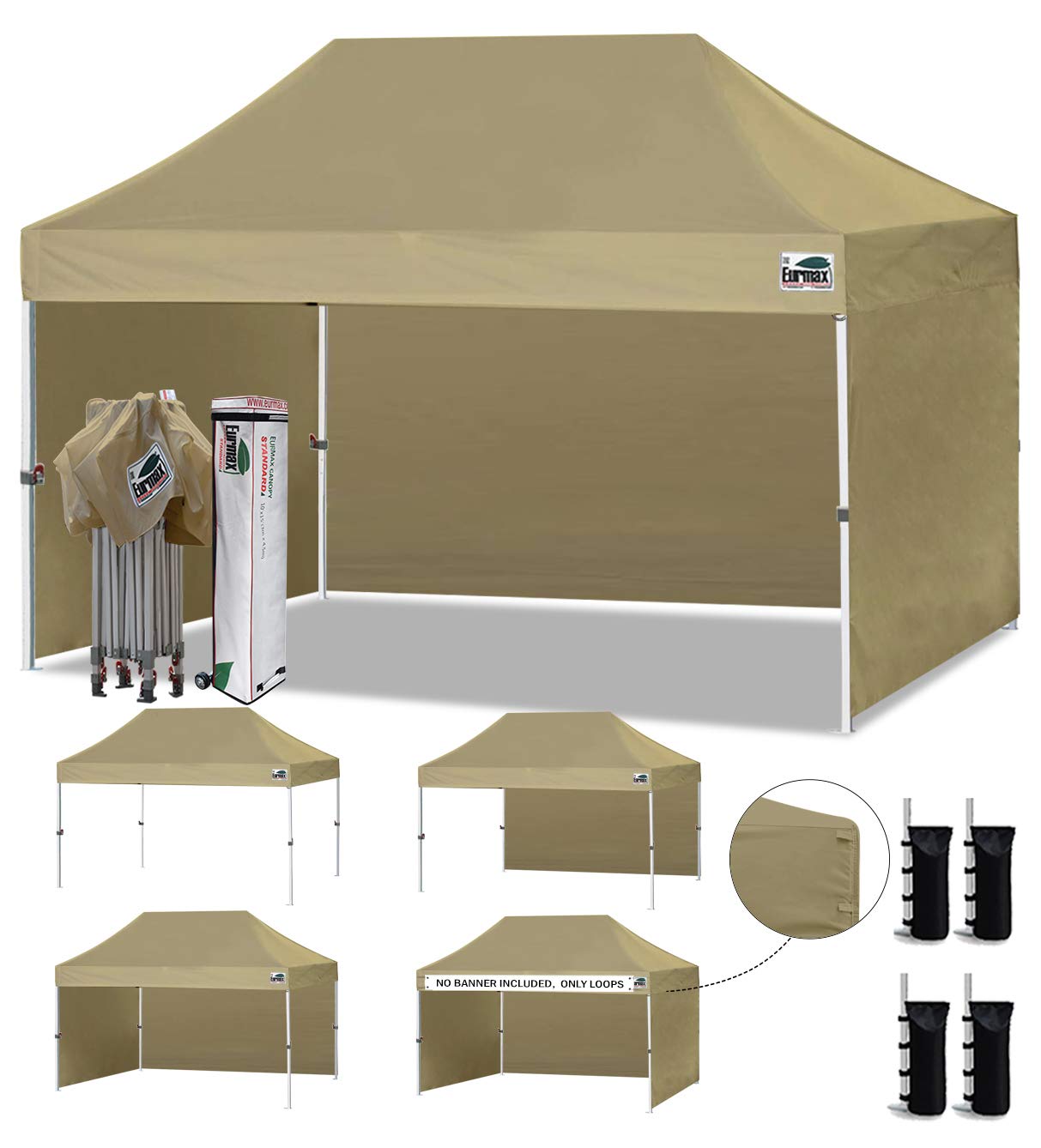 Eurmax USA 10x15 Pop Up Canopy Tent,Commercial Tent with Patented No-Tip Rolling Bag,4 Zippered Removable Walls,UV & Water Resistant Canopy Top,Heavy Duty Outdoor Gazebo,Instant Shelter(Khaki)