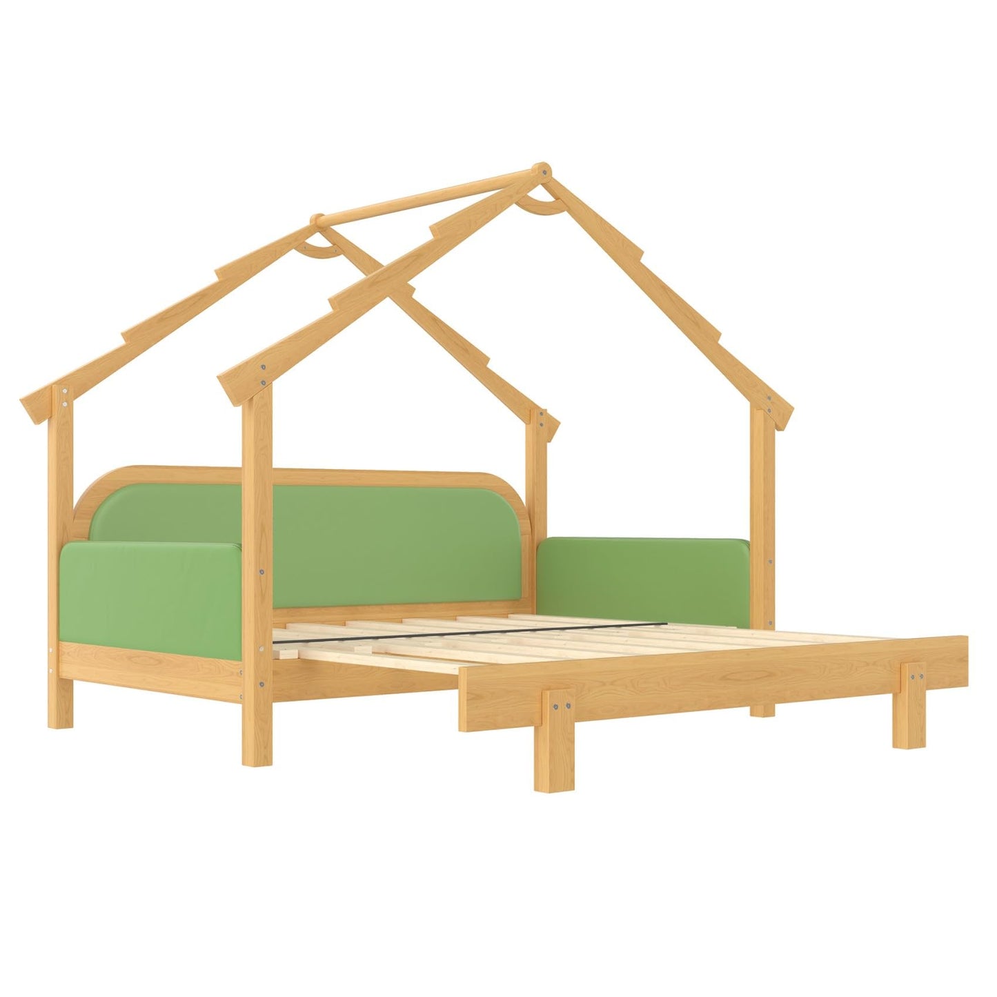 KEIKI Treehouse Extending Twin Size Bed Frames with Cushion Rails & Trundle, Upholstered Montessori Twin Daybed Bed Captain Platform for Kids Girls Boys Teens, No Box Spring Needed, Pine Solid Wood