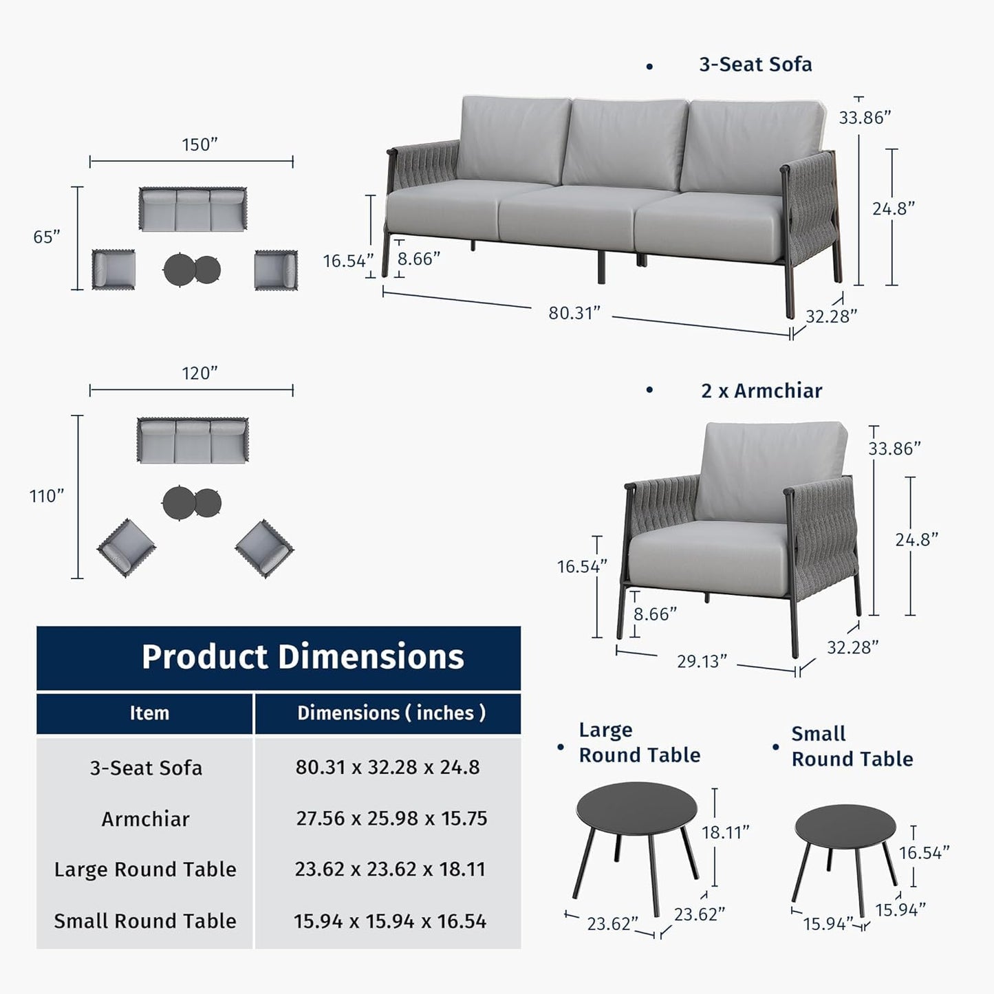 East Oak 5-Piece Patio Furniture Set | Life Chatter 5-Seat Outdoor Sectional Sofa Conversation Set, Deep Seating Couch with 2 Coffee Tables & Thick Cushions for Balcony & Backyard, Porch | Misty Grey