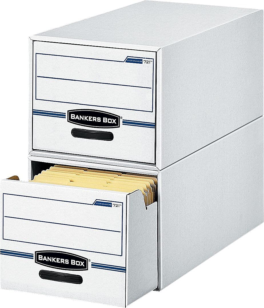 Banker's Box 6 Pack STOR/DRAWER STEEL PLUS Basic Space Saving Filing Cabinet, Stacks 2 High, Legal, White/Blue