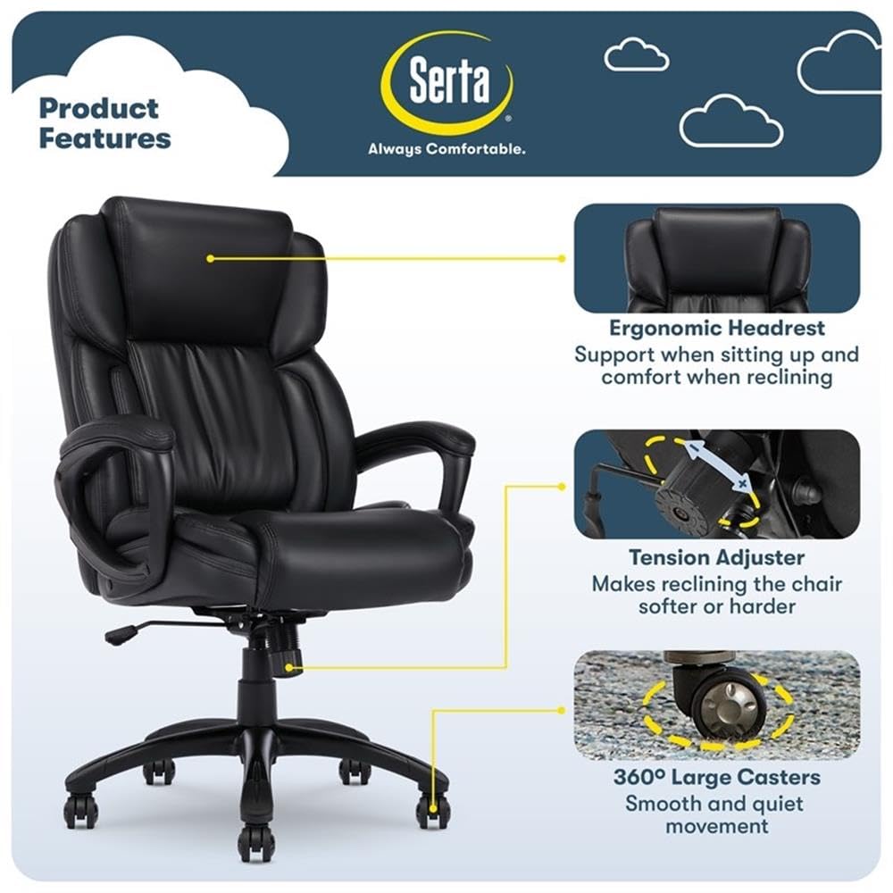 Serta Garret Executive Office Chair, Ergonomic Mid-Back with Lumbar Support, Semi-Plush Cushion and Body Pillows, Padded Armrests, Swivel Base, Bonded Leather, Space Black