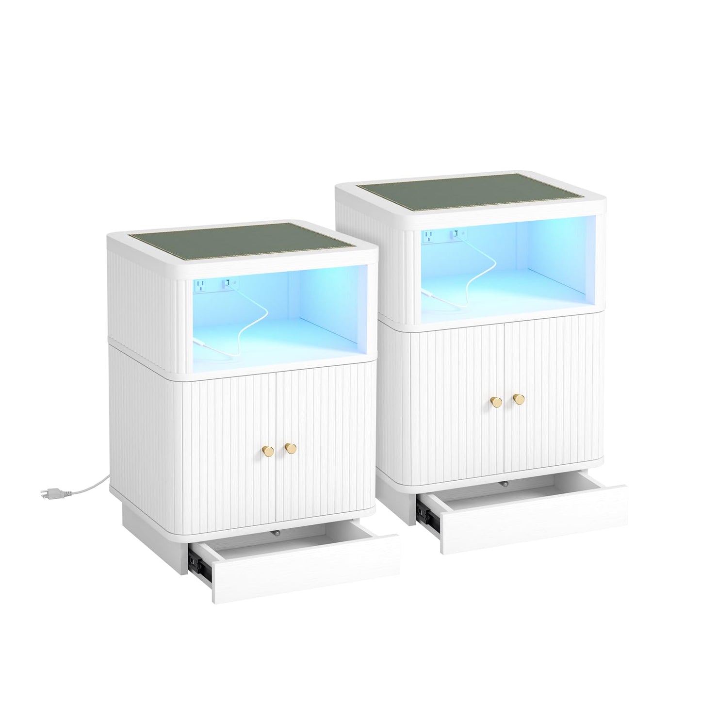 Night Stand with Charger Station, Modern Nightstand Set of 2 with Hidden Drawer, Saddle Leather Top, Smart LED, and Sliding Door Cabinet, for Bedroom, Living Room, Apartment, Dorm, Office, White