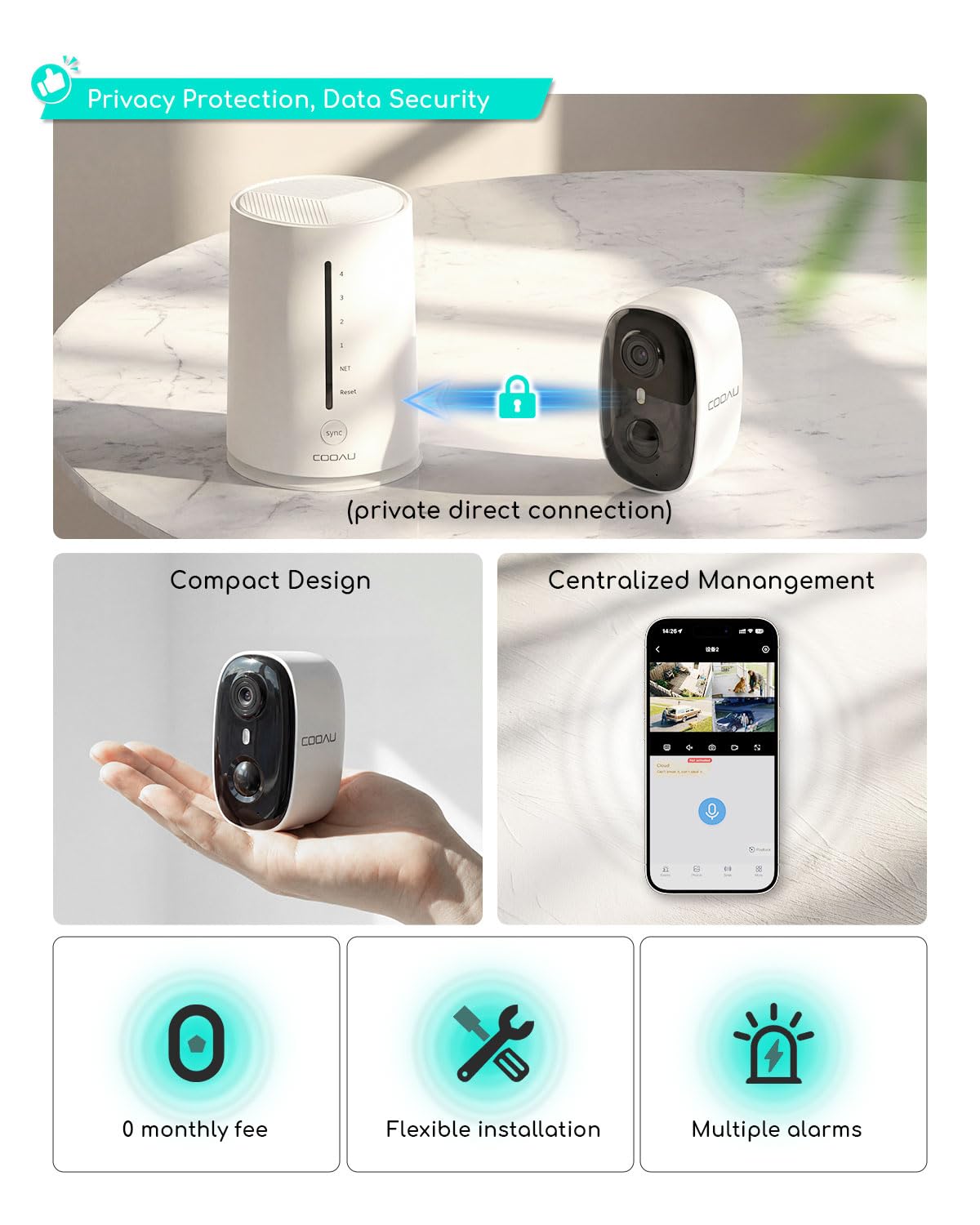 COOAU 4MP Security Cameras Wireless Outdoor, Faster Charging Solar Powered, Sharper-Image Outdoor Camera Wireless,No Subscription,PIR Detection,Surveillance System for Wide-Area Whole-House Coverage