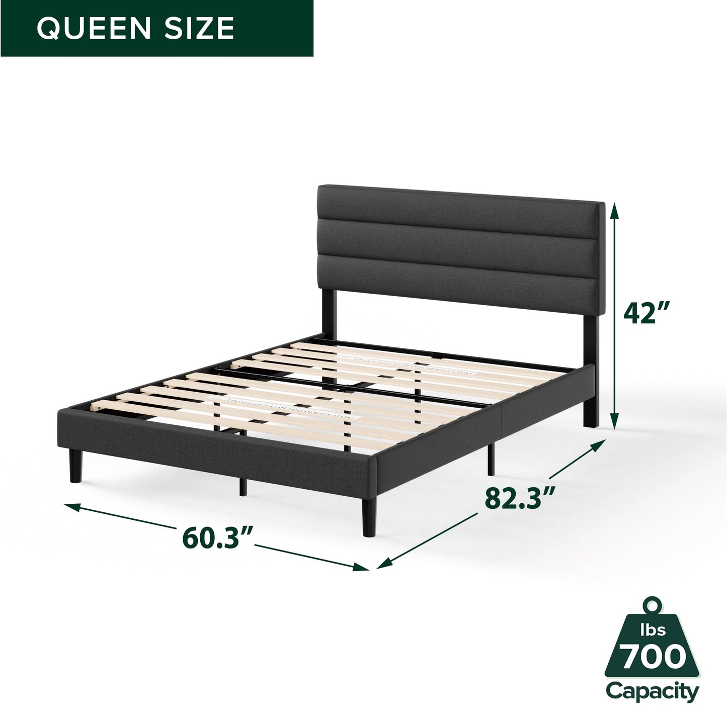 Zinus Queen Piper Upholstered Platform Bed with Horizontal Paneled Headboard, Wooden Slat Support, No Box Spring Needed, Easy Assembly, Eco Friendly Packaging, Dark Grey